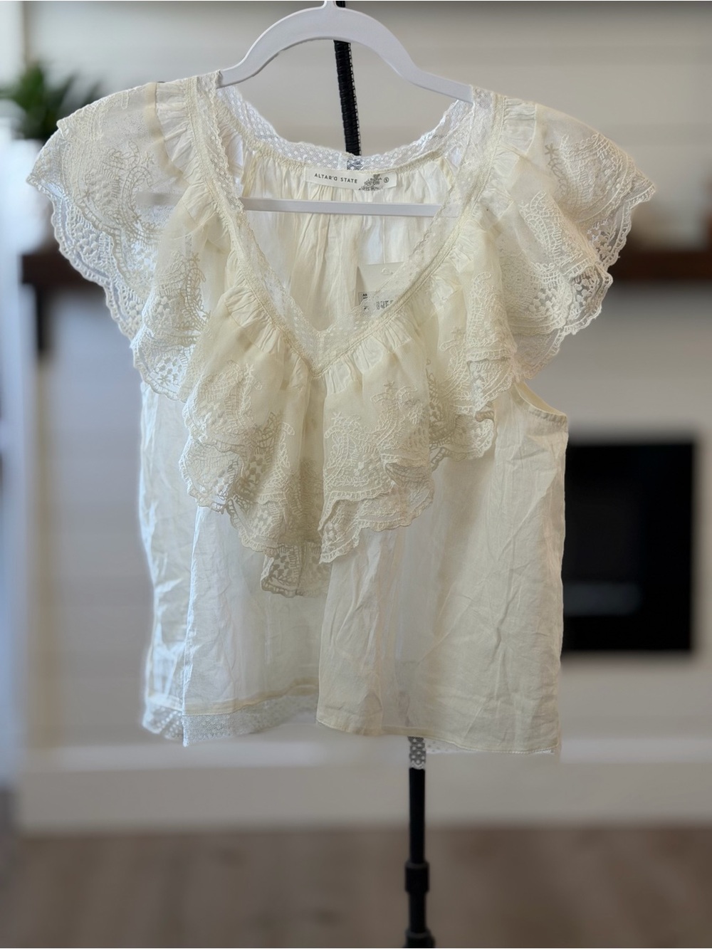 Altar'd State Cream Lace Ruffle V-Neck Blouse